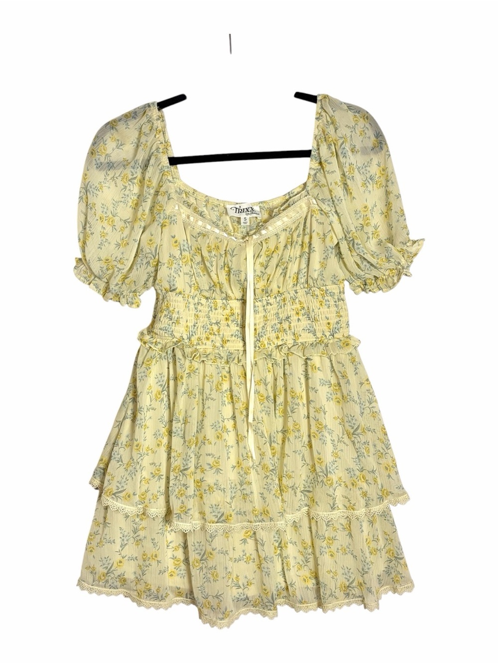 TRIXXI Floral Chiffon Babydoll Dress Yellow Smocked Waist Boho Milkmaid Size S